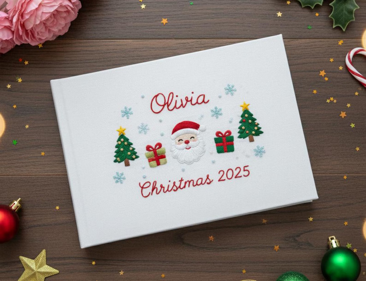 Christmas Memory Book, Personalised by The Thread Nest, hand-embroidered linen cover, photo 11