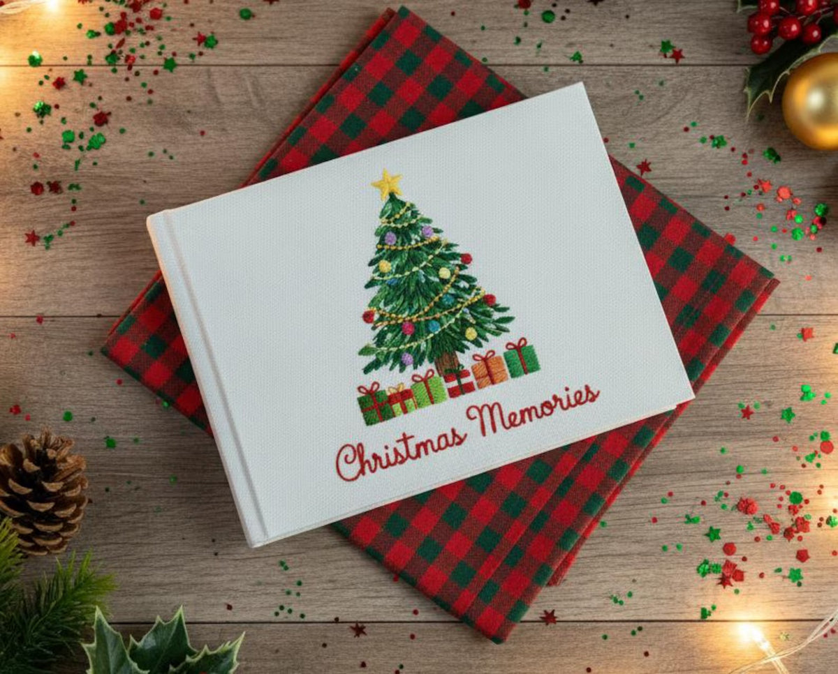 Christmas Memory Book, Personalised by The Thread Nest, hand-embroidered linen cover, photo 9