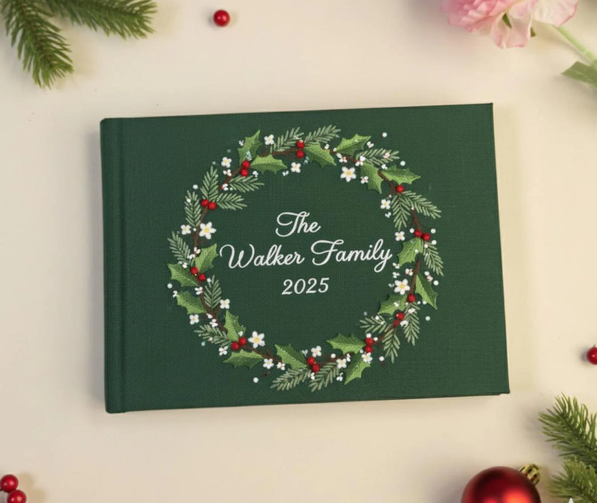 Christmas Memory Book, Personalised by The Thread Nest, hand-embroidered linen cover, photo 14