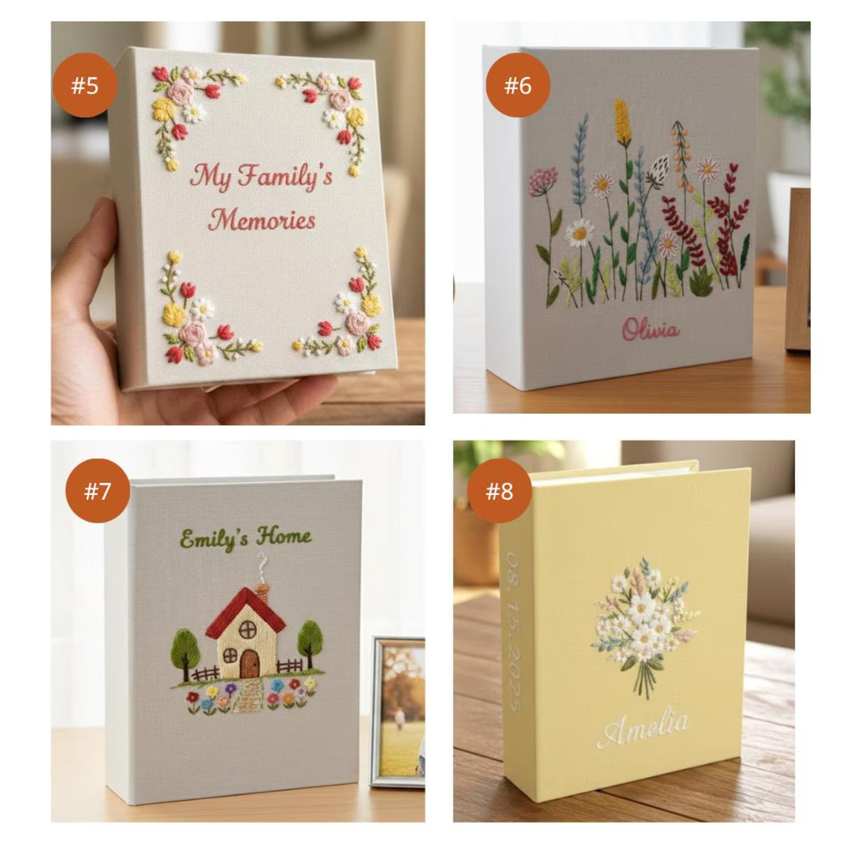 A collection of embroidered photo albums, one held in a hand — hand-embroidered by The Thread Nest