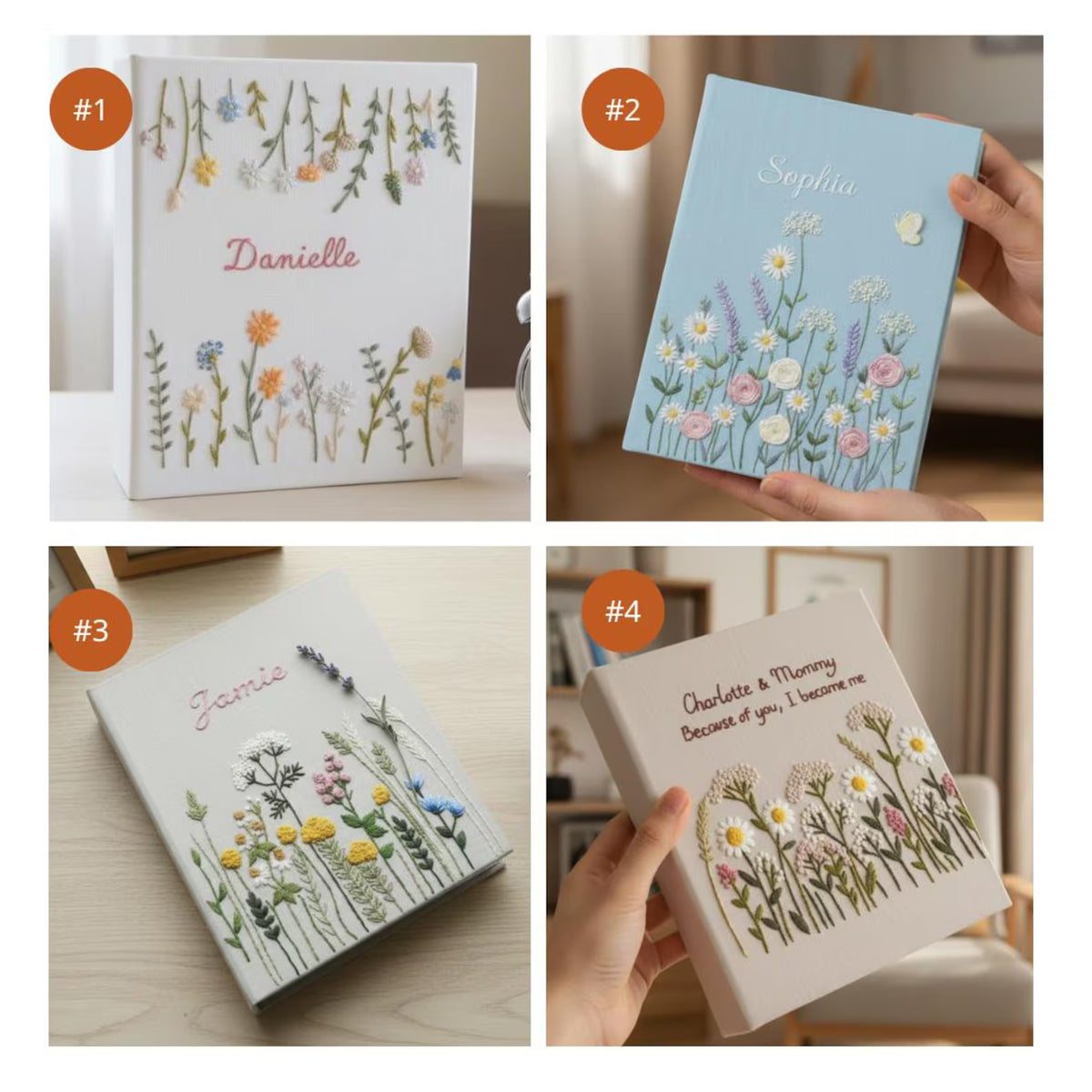 Four personalized books with floral embroidery — hand-embroidered by The Thread Nest