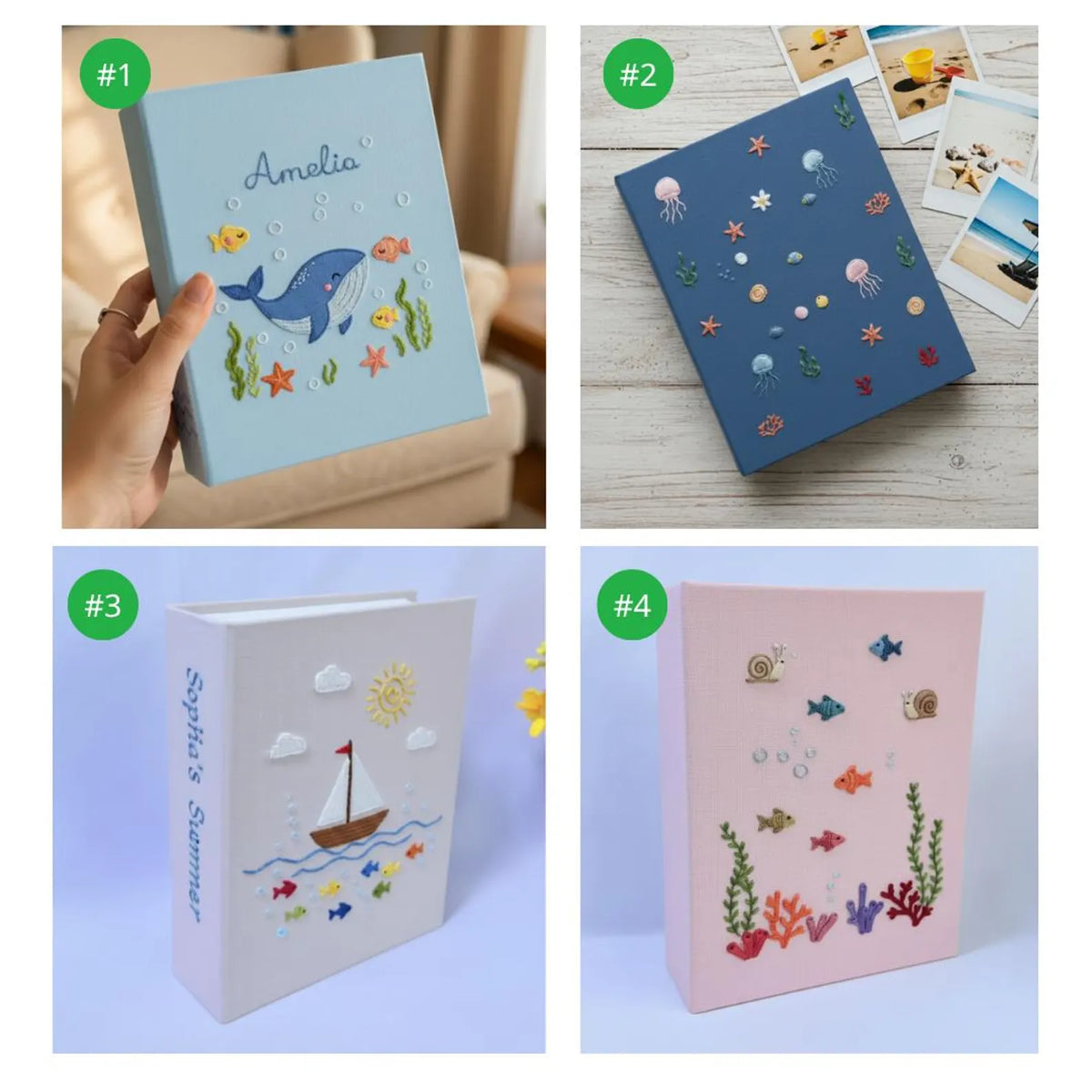 Four embroidered photo albums with ocean designs — hand-embroidered by The Thread Nest