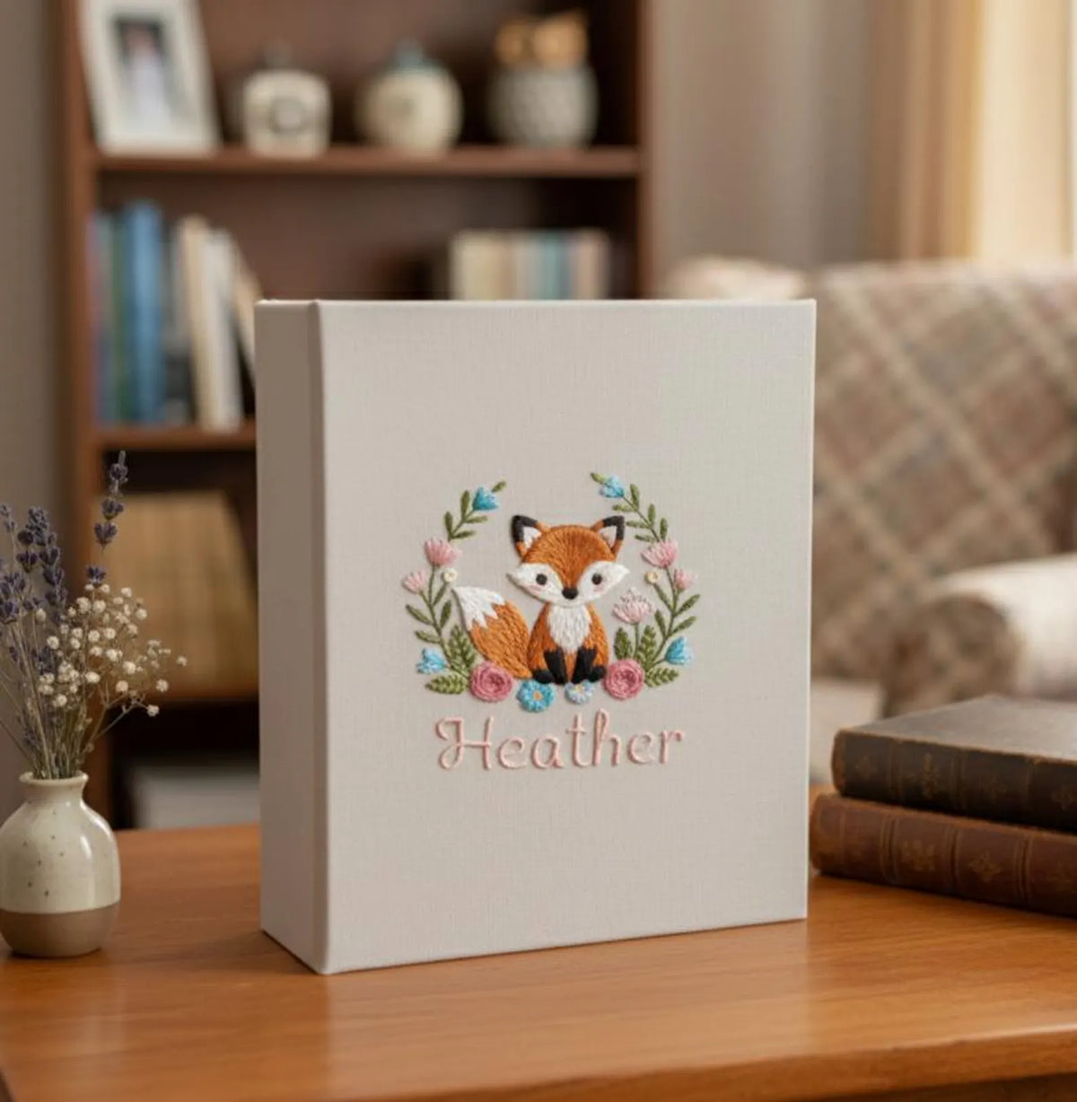 A light beige photo album with an embroidered fox inside a floral wreath — hand-embroidered by The Thread Nest