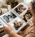 An open photo album with four family photographs in the sleeves