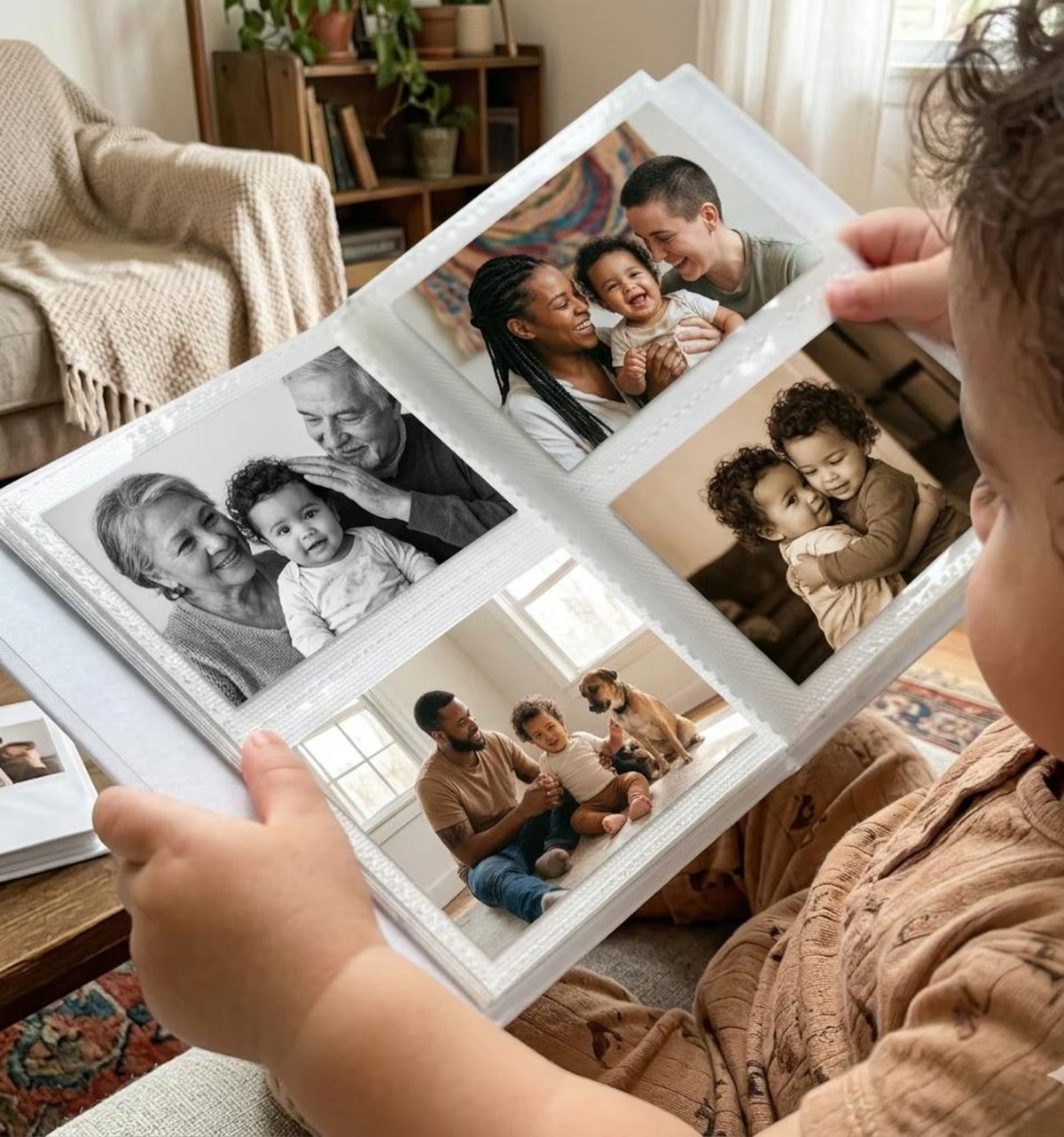 An open photo album with four family photographs in the sleeves