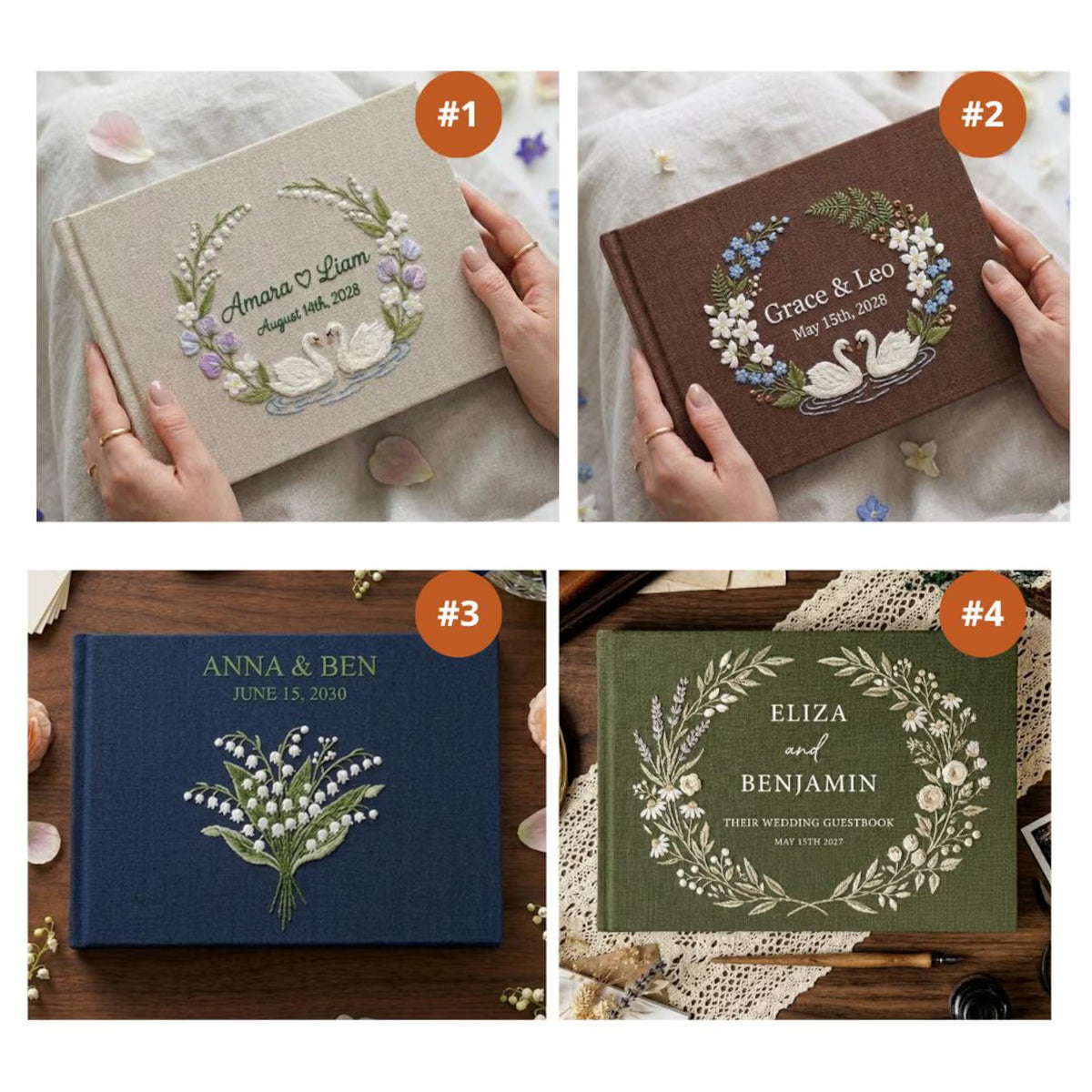 Floral Wreath Guest Book, Names & Date by The Thread Nest, hand-embroidered linen cover, photo 13