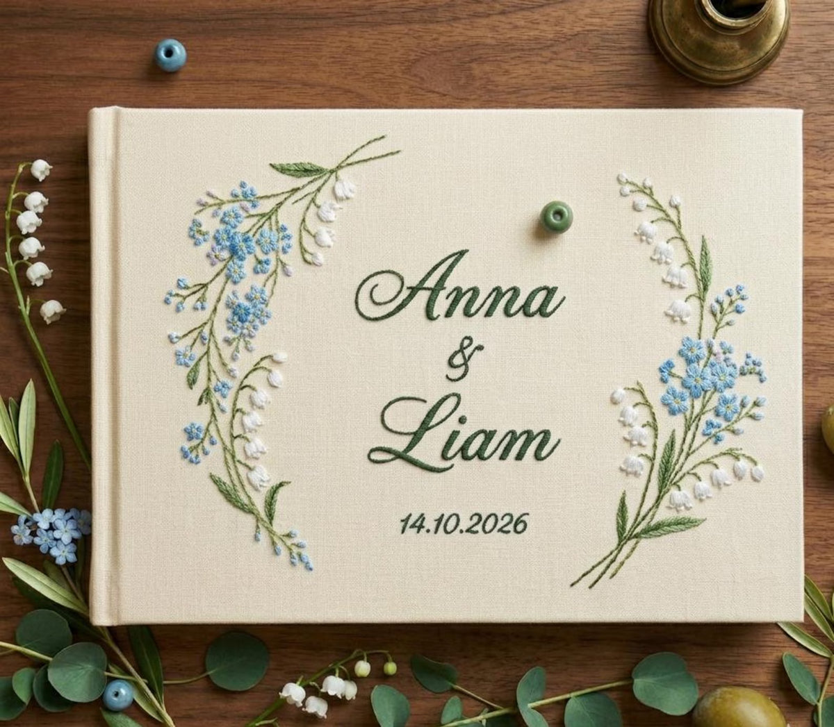 Floral Wreath Guest Book, Names & Date by The Thread Nest, hand-embroidered linen cover, photo 9