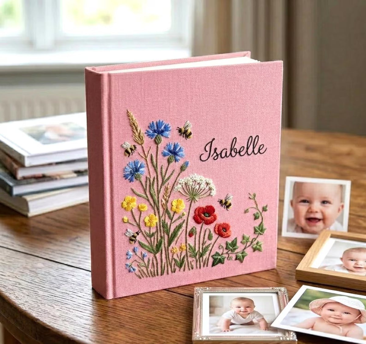 A pink photo album with embroidered cornflowers, yellow blossoms and red poppies — hand-embroidered by The Thread Nest