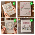 Four fabric-covered guest books with embroidered floral designs and names — hand-embroidered by The Thread Nest