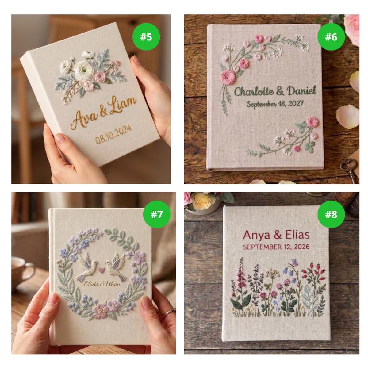 Four fabric-covered guest books with embroidered floral designs and names — hand-embroidered by The Thread Nest