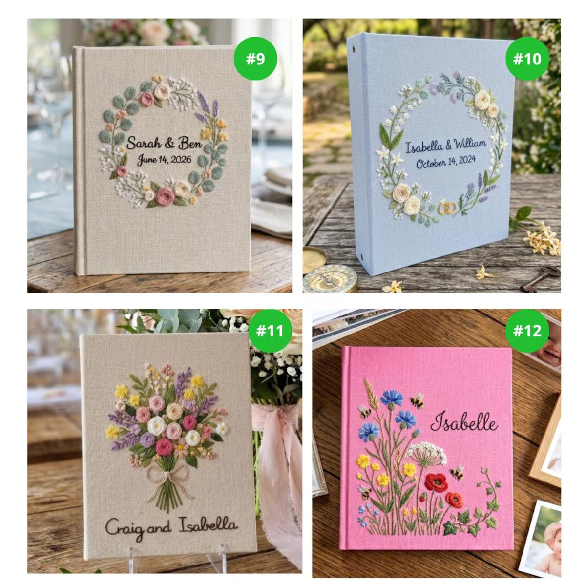 Four photo albums with embroidered floral designs, names and dates — hand-embroidered by The Thread Nest