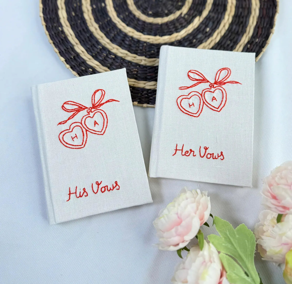 Doves & Lockets Vow Book, Hand-Embroidered by The Thread Nest, hand-embroidered linen cover, photo 6