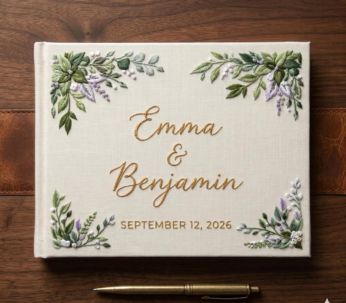 Floral Wreath Guest Book, Names & Date by The Thread Nest, hand-embroidered linen cover, photo 7