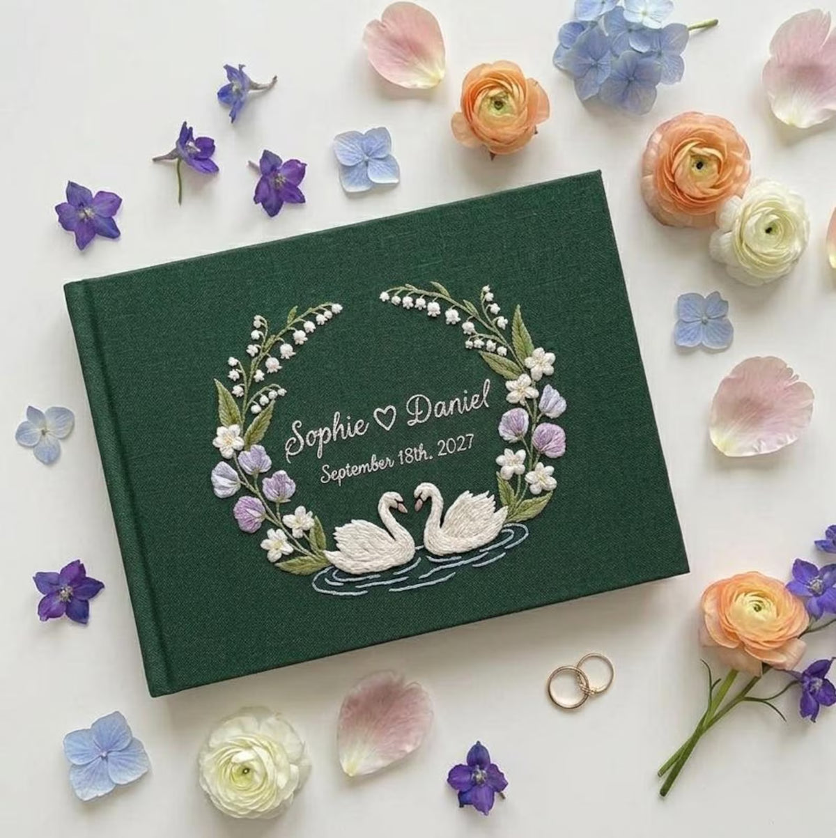 Floral Wreath Guest Book, Names & Date by The Thread Nest, hand-embroidered linen cover, photo 6