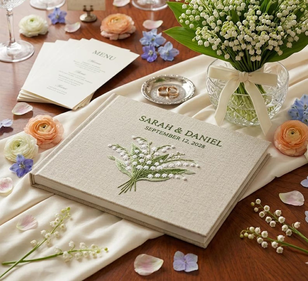 Floral Wreath Guest Book, Names & Date by The Thread Nest, hand-embroidered linen cover, photo 10