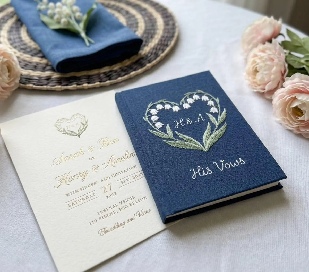 Lily of the Valley & Swan Vow Book by The Thread Nest, hand-embroidered linen cover, photo 11