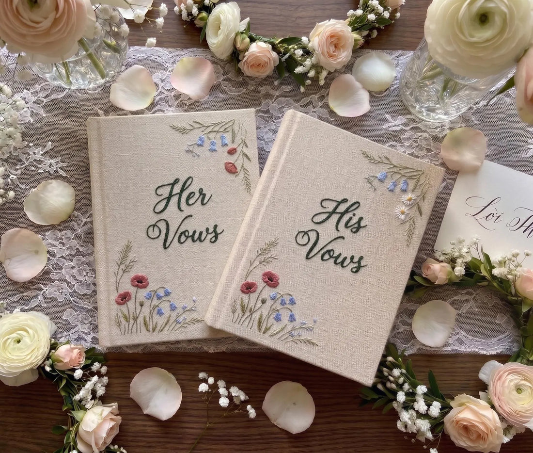 Lily of the Valley & Swan Vow Book by The Thread Nest, hand-embroidered linen cover, photo 1