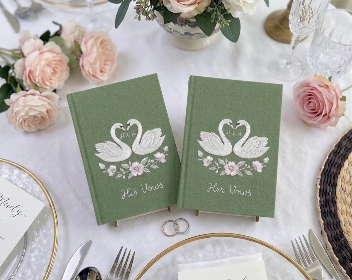 Lily of the Valley & Swan Vow Book by The Thread Nest, hand-embroidered linen cover, photo 8