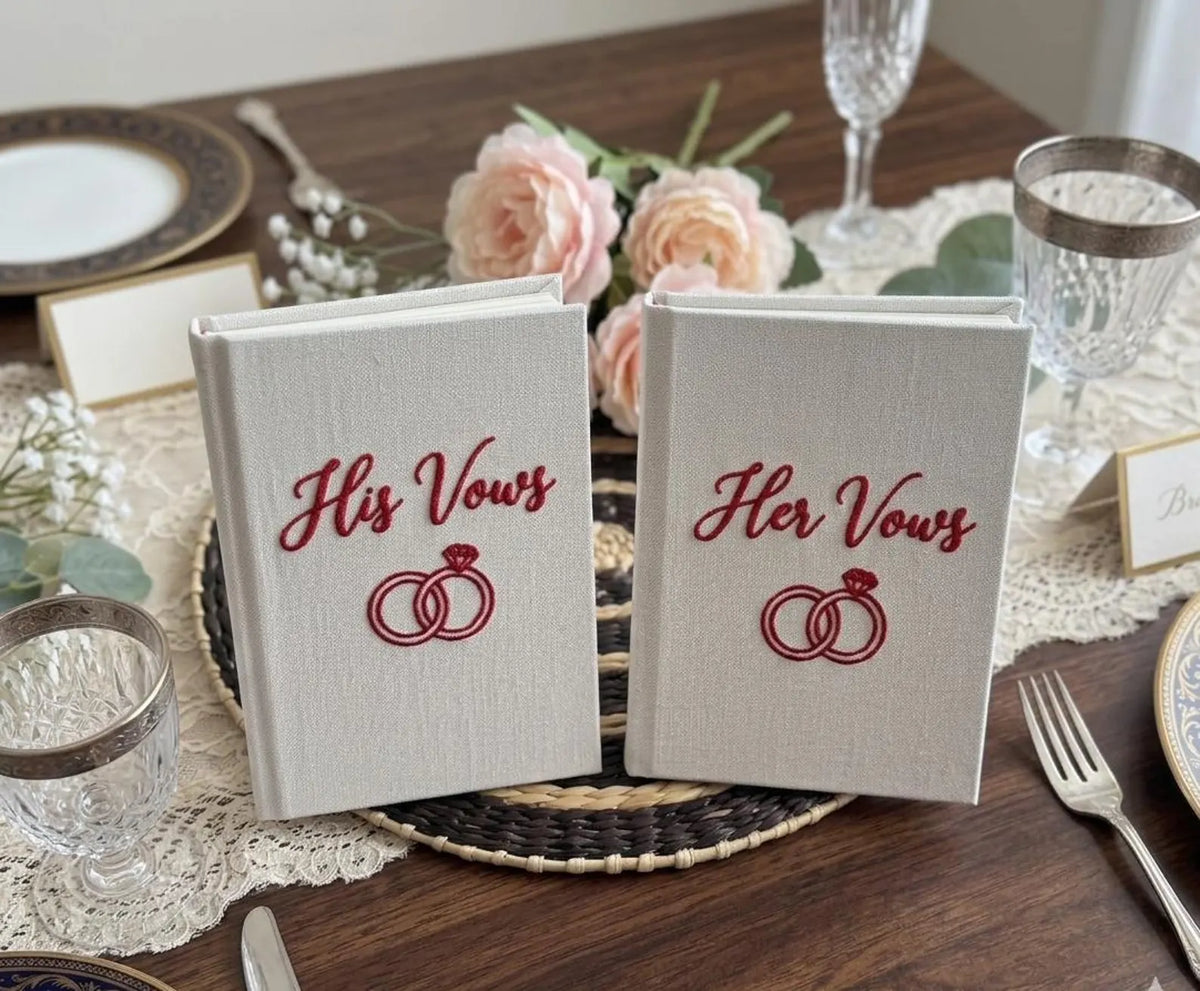 Wedding Vow Book with Names & Date by The Thread Nest, hand-embroidered linen cover, photo 6