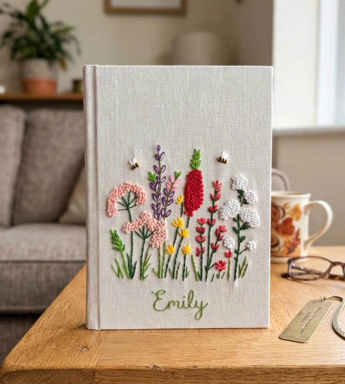 Wildflowers & Bees Journal, Personalised by The Thread Nest, hand-embroidered linen cover, photo 3