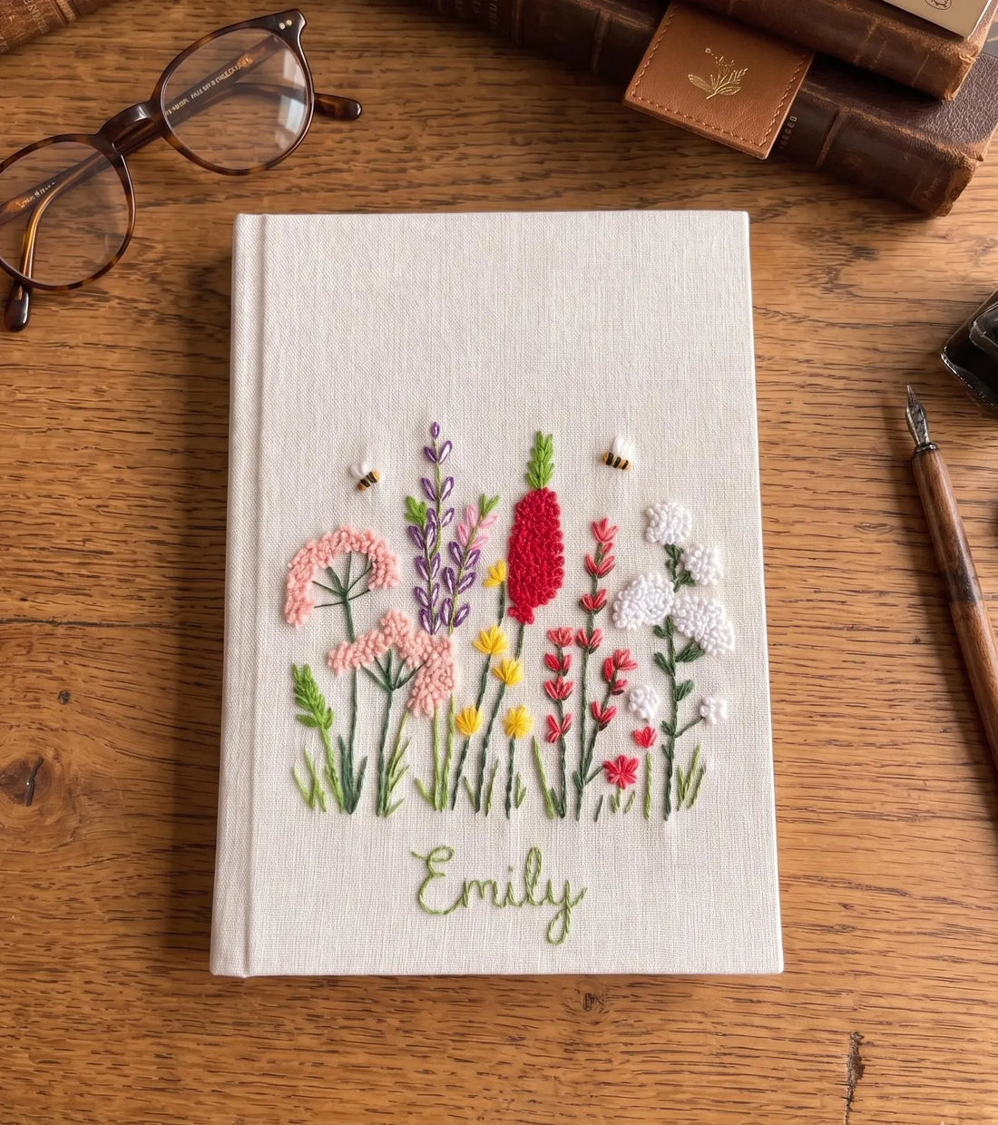 Wildflowers & Bees Journal, Personalised by The Thread Nest, hand-embroidered linen cover, photo 1