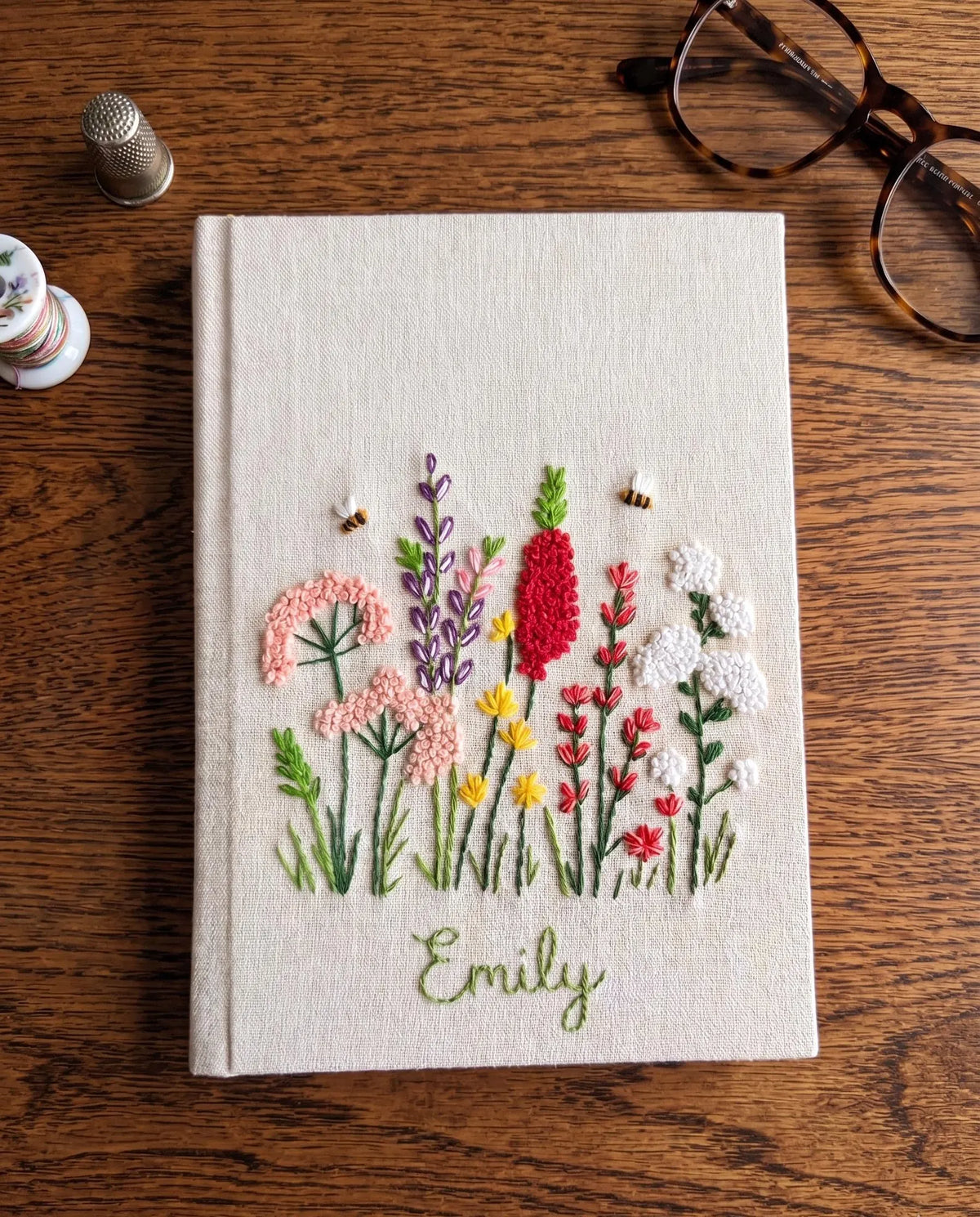 Wildflowers & Bees Journal, Personalised by The Thread Nest, hand-embroidered linen cover, photo 4