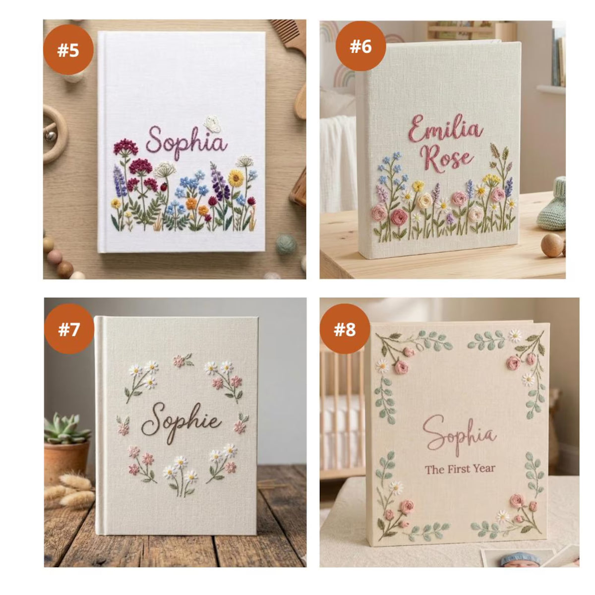 Four personalized baby memory books with floral embroidery — hand-embroidered by The Thread Nest