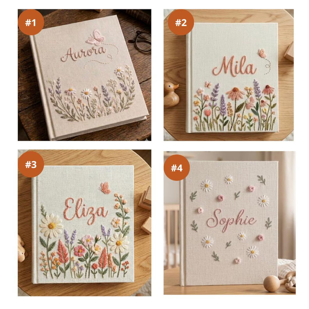 Four linen-covered journals with embroidered floral and butterfly designs — hand-embroidered by The Thread Nest