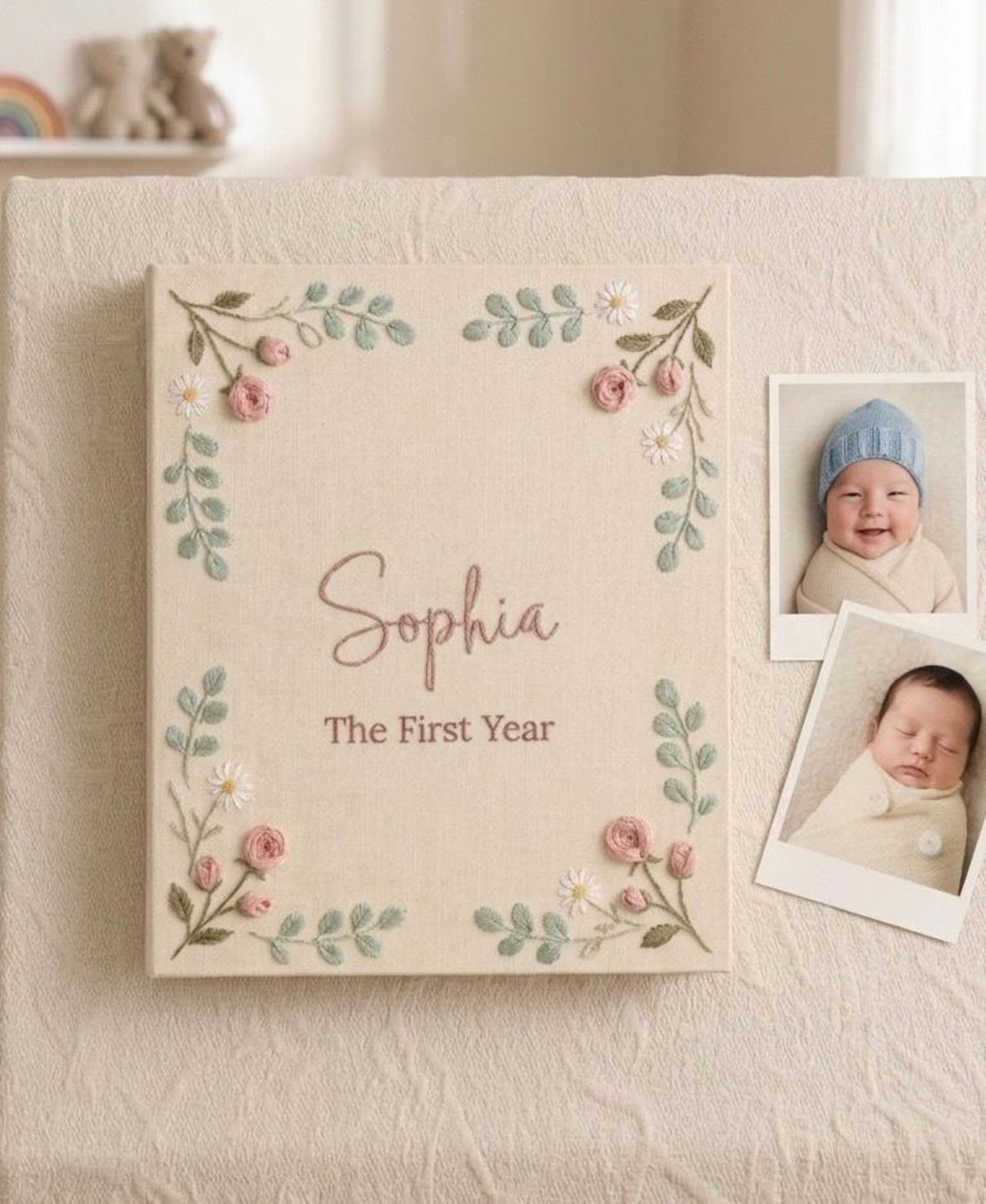 A beige baby photo album with pink roses, white daisies and green leaves — hand-embroidered by The Thread Nest