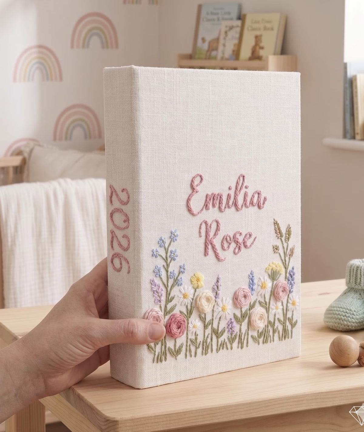 A linen-covered photo album with embroidered flowers and a name in pink thread — hand-embroidered by The Thread Nest