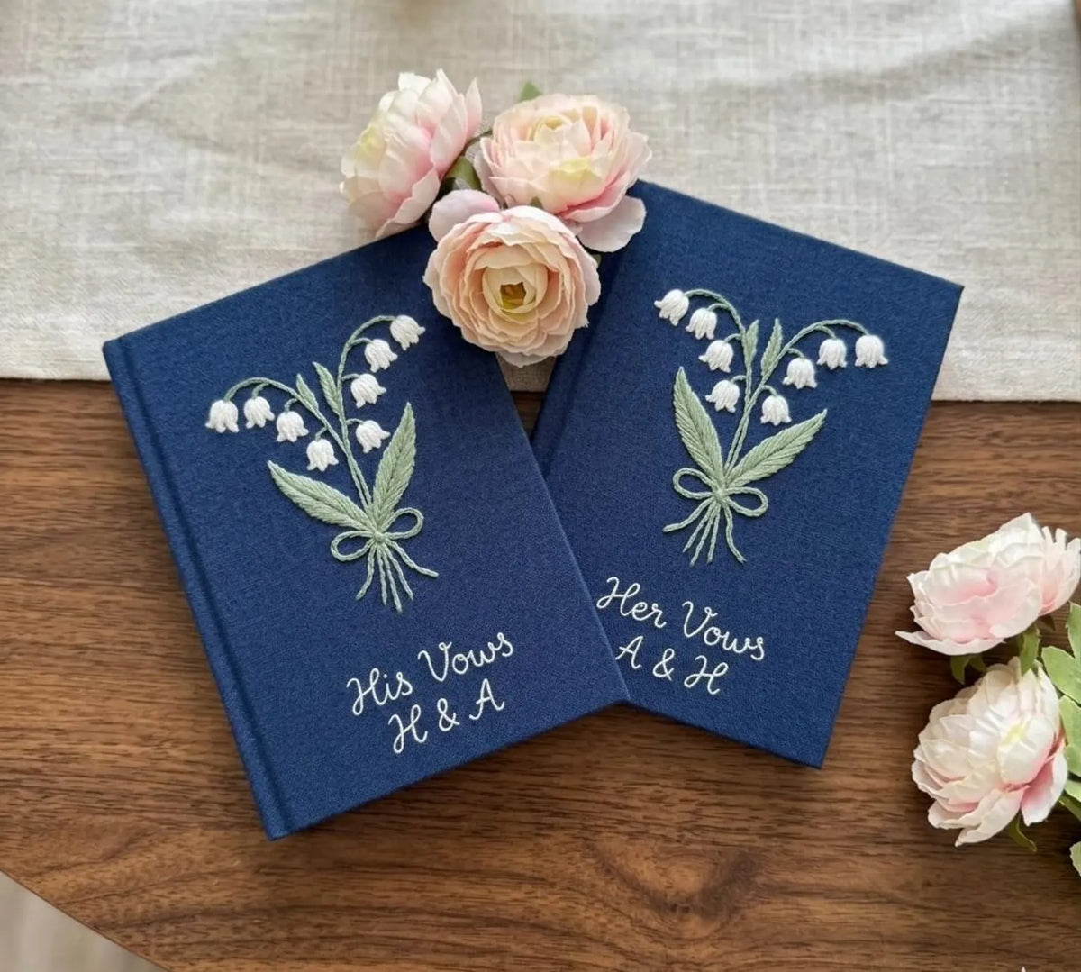 Lily of the Valley & Swan Vow Book by The Thread Nest, hand-embroidered linen cover, photo 10