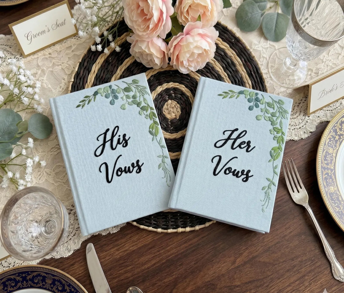 Lily of the Valley & Swan Vow Book by The Thread Nest, hand-embroidered linen cover, photo 9
