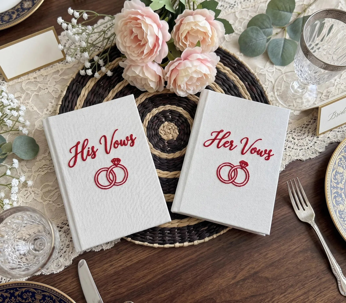 Wedding Vow Book with Names & Date by The Thread Nest, hand-embroidered linen cover, photo 7