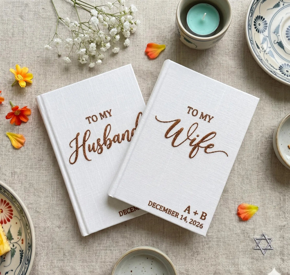 Wedding Vow Book with Names & Date by The Thread Nest, hand-embroidered linen cover, photo 8