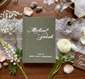 Wedding Vow Book with Names & Date by The Thread Nest, hand-embroidered linen cover, photo 2