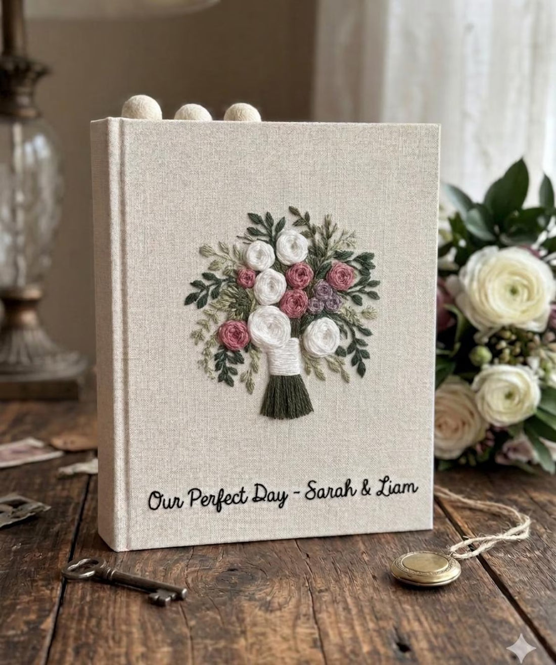 A linen-covered wedding guest book with an embroidered floral bouquet design in white, pink, and green — hand-embroidered by The Thread Nest