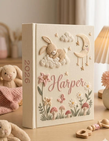 A cream-colored book with a sleeping bunny on a cloud and the year on the spine — hand-embroidered by The Thread Nest