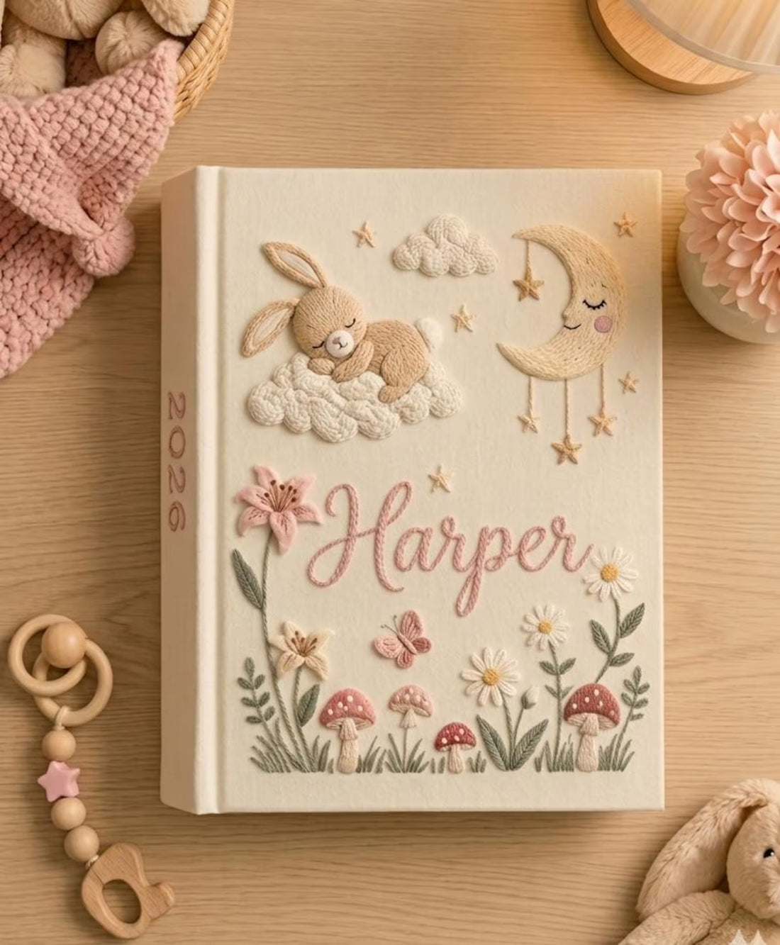 A cream-colored book with a sleeping bunny on a cloud and the year on the spine — hand-embroidered by The Thread Nest