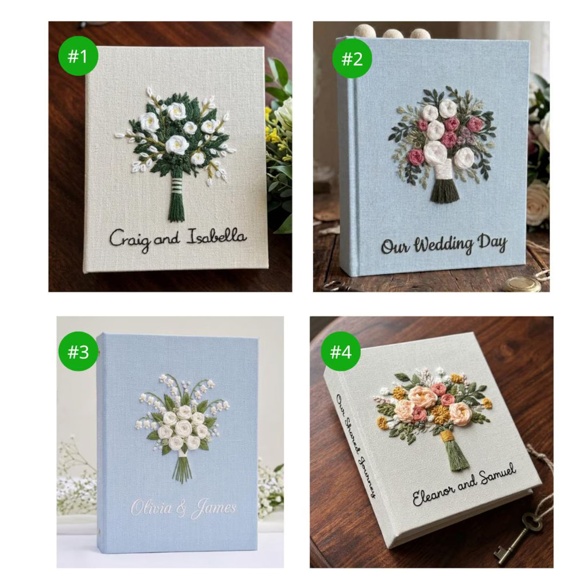 Four embroidered wedding guest books — hand-embroidered by The Thread Nest