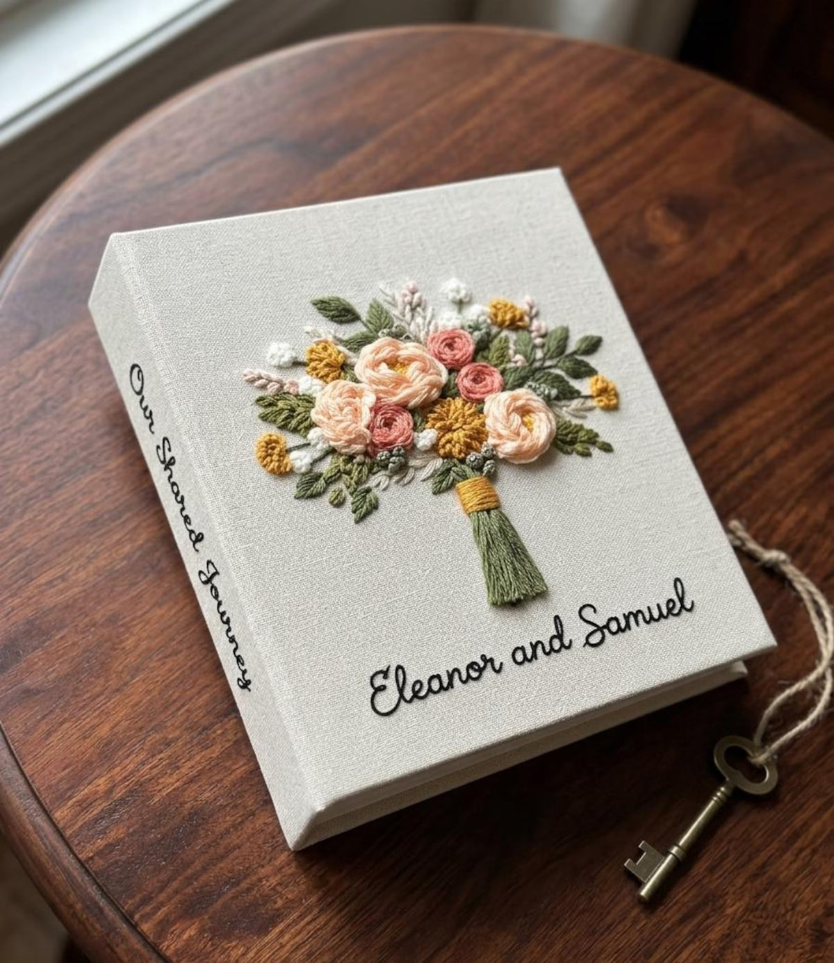 A cream-colored photo album with an embroidered floral bouquet design in peach, pink, yellow, and green — hand-embroidered by The Thread Nest