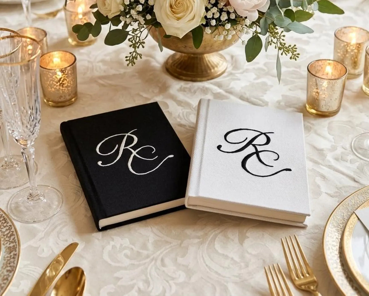 Wedding Vow Book with Names & Date by The Thread Nest, hand-embroidered linen cover, photo 9