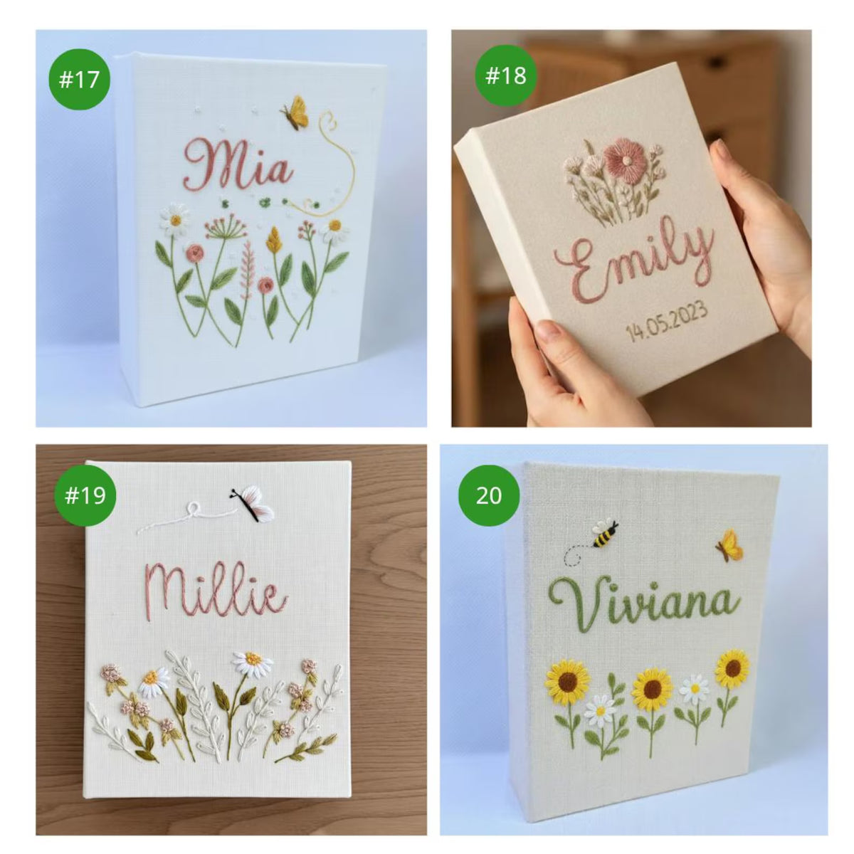 Four rectangular fabric-covered memory books featuring custom embroidery — hand-embroidered by The Thread Nest