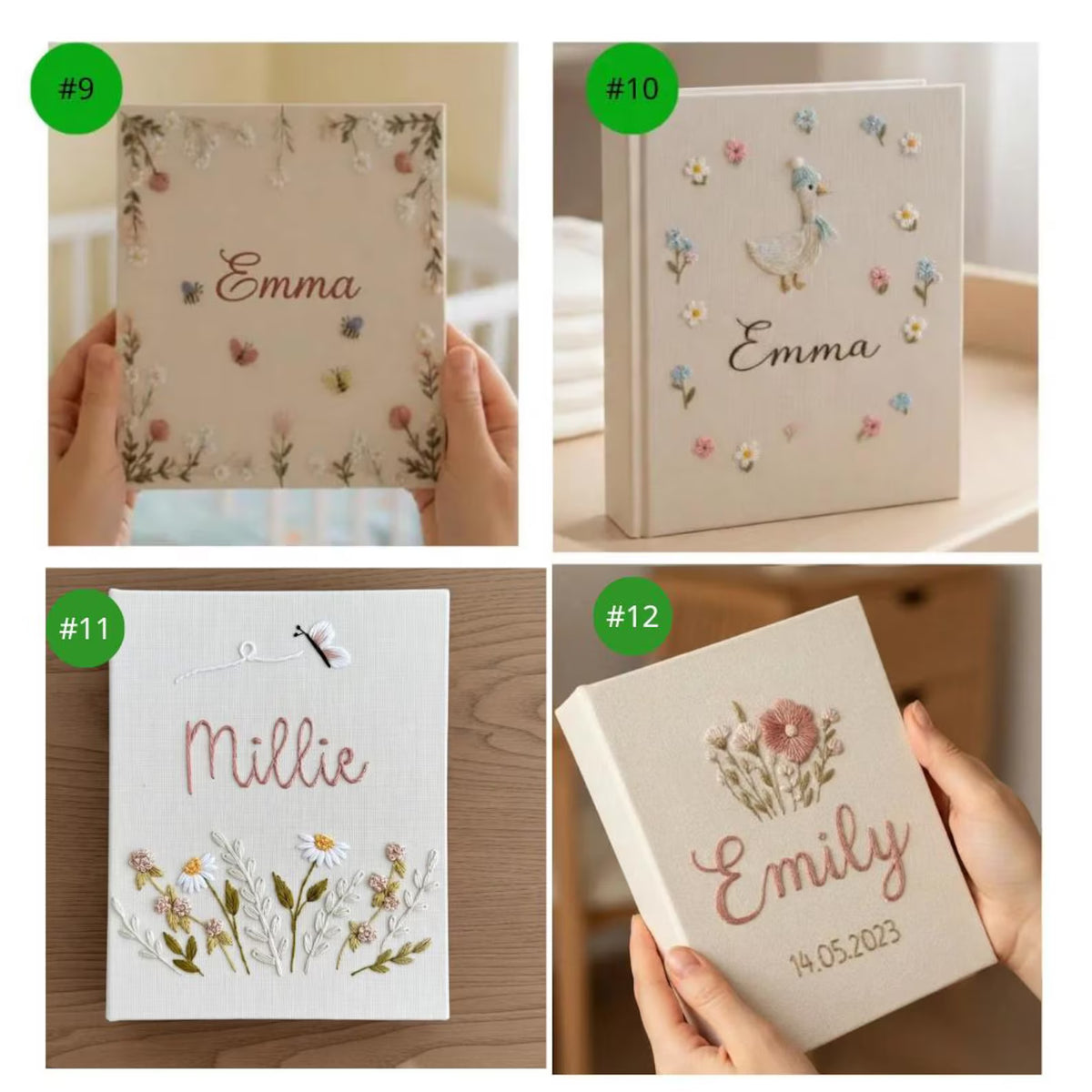 Four fabric-covered photo albums with embroidered names and flowers — hand-embroidered by The Thread Nest