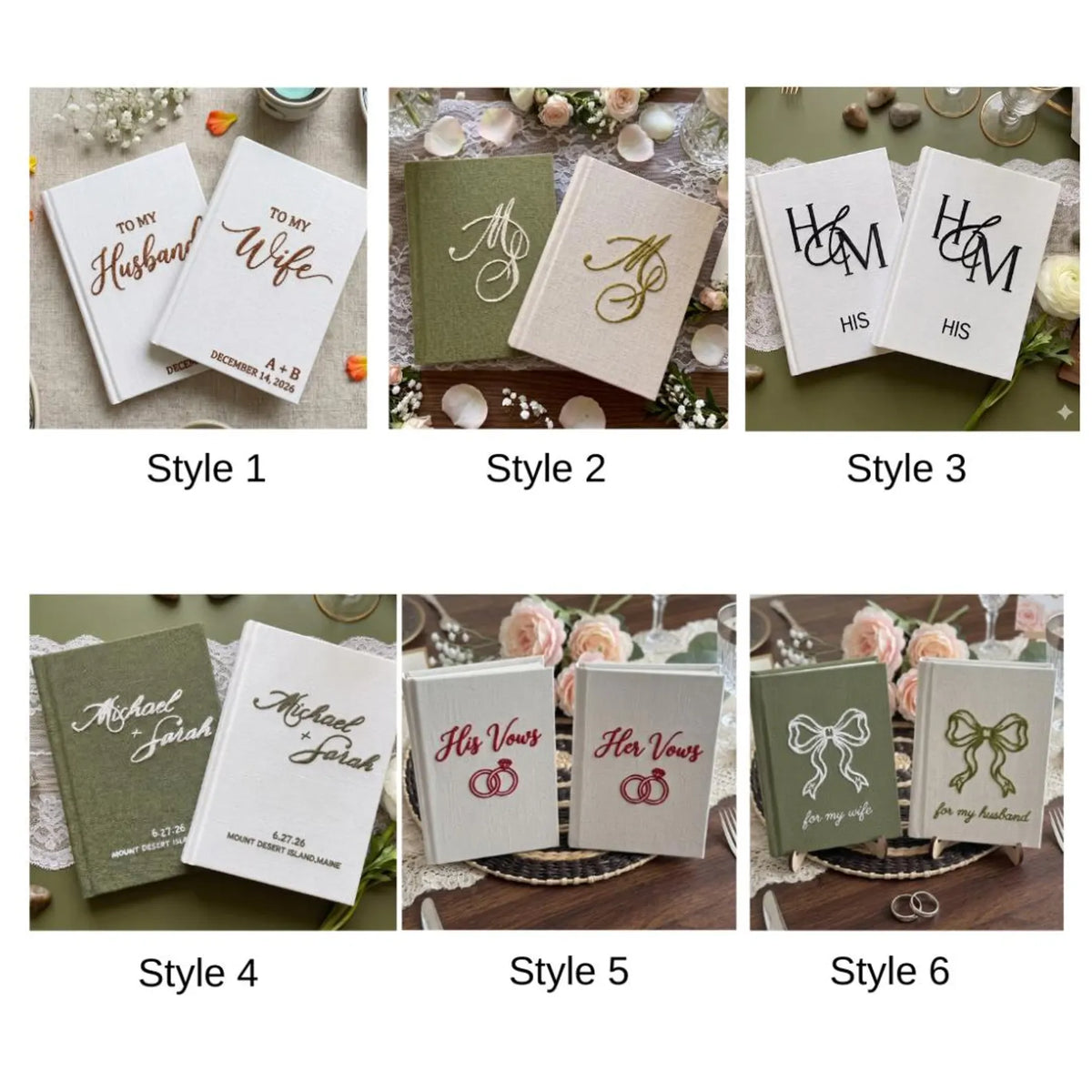 Six pairs of vow books in different fabrics and lettering styles