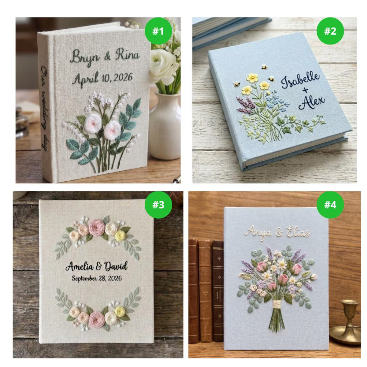 Four photo albums with embroidered floral designs, names and dates — hand-embroidered by The Thread Nest
