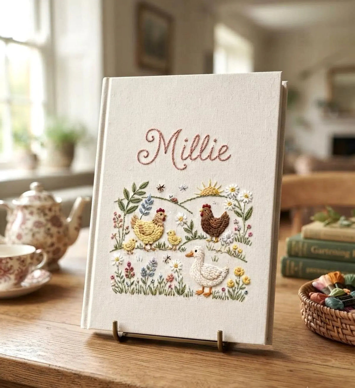 A cream-colored book with embroidered chickens and a name in cursive script — hand-embroidered by The Thread Nest