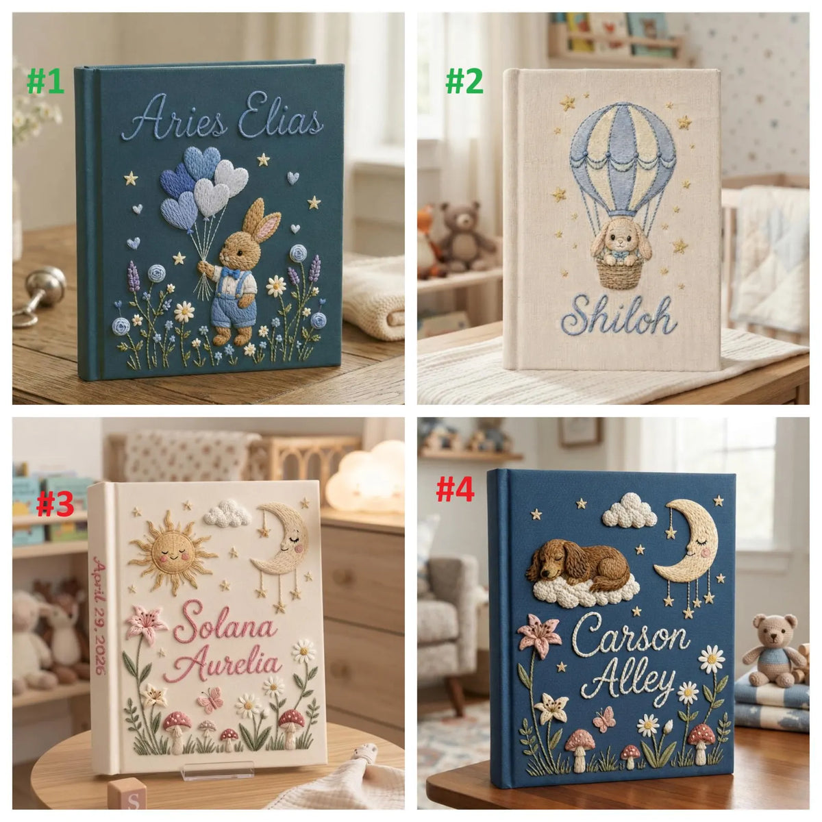 Four personalized baby memory books with embroidered animals and balloons — hand-embroidered by The Thread Nest