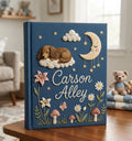 A dark blue hardcover book with a sleeping dog on a cloud, moon and stars — hand-embroidered by The Thread Nest