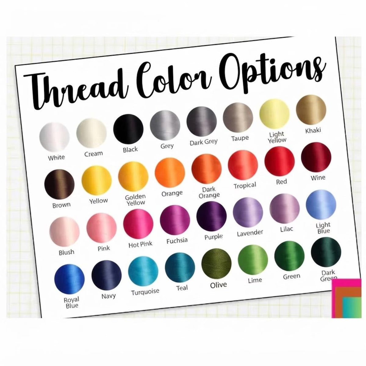 Thread colour chart with thirty-two embroidery thread colours