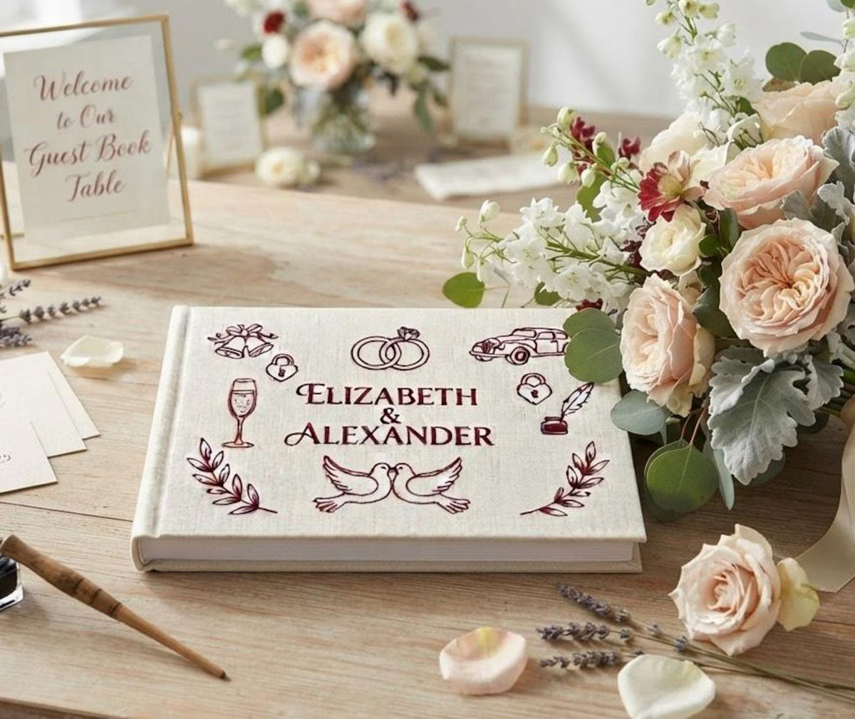Wedding Guest Book, Line-Art Designs by The Thread Nest, hand-embroidered linen cover, photo 17